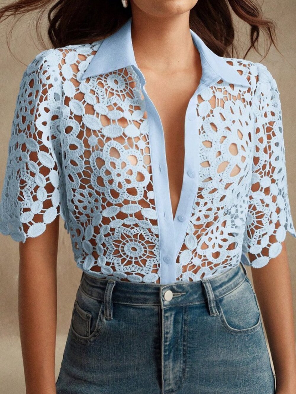 Blue Casual Women's Elegant Floral Hollow-Out Lace Blouse - Picture 4 of 6